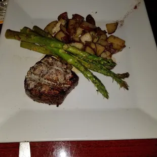 5 oz. Filet (you can order filet by the ounce you want) with amazziinnggg asparagus and rosemary potatoes.
