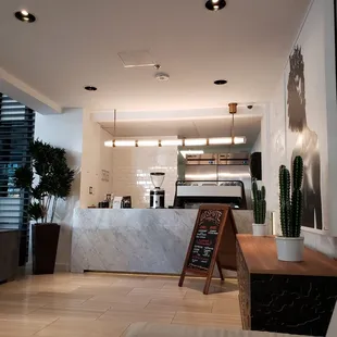 a coffee shop with a counter