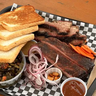 Brisket, pork ribs, collard greens