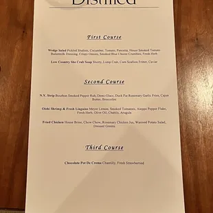 Prix fix menu