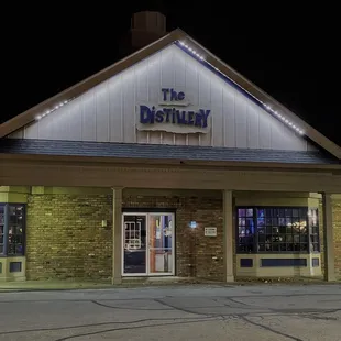 the front of the building at night