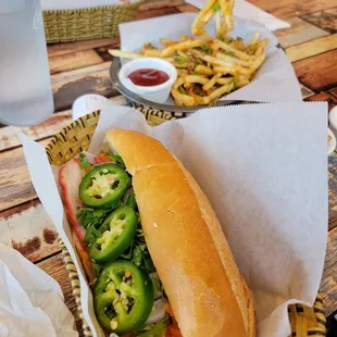 Garlic Fries, pork belly Bahn mi