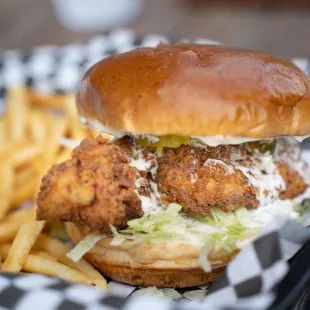 a fried chicken sandwich and french fries