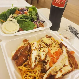 Crusted chicken with pasta, marinara and side salad.