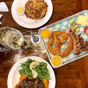 Potato pancake, D9 Pork Schnitzel Plate, Sausage and Cheese Boards