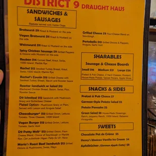 Dinner menu at District 9, Dallas