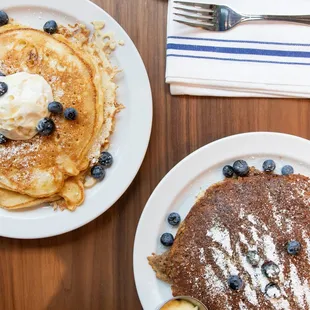 Lemon-Buttermilk Ricotta Pancakes(left) and Vegan Blueberry Buckwheat Pancakes (right)