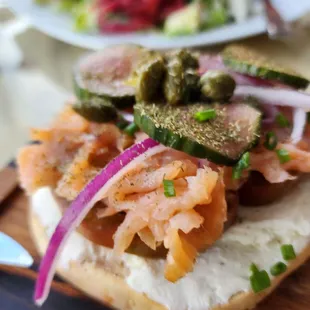 Smoked Salmon Lox goat cream cheese everything bagel