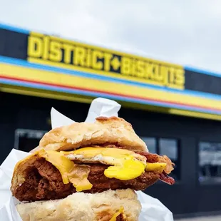 a hand holding a sandwich