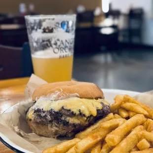 Oklahoma onion burger with fries and a local hazy IPA from Nook!