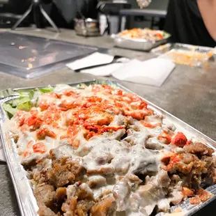 Chicken + Gyro | served over rice + salad