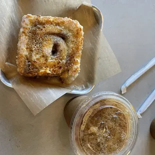 Brûlée cinnamon roll and Vietnamese iced coffee.
