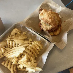 Hot Chicken &amp; Honey Butter French Toast Biscuit and Waffle Fries - Small Waffle Fries