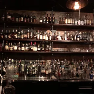 shelves of liquor bottles on a brick wall