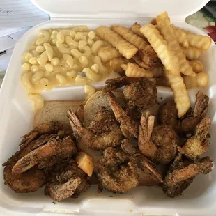 Fried shrimp dinner with fries &amp; Mac &amp; cheese