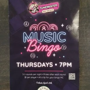 Join us every Thursday for Music Bingo by Tunemaster. $1 per player and prizes after each round and drink and food specials.