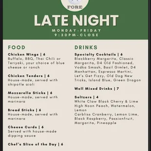 Late Night Menu Monday to Friday 9:30 pm to close