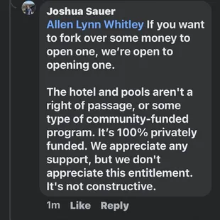 The comment the owner made to me for saying that they had been promising to put a restaurant back in the hotel for over 4 years.