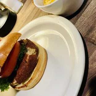 Delicious crab  cake with mac and cheese.