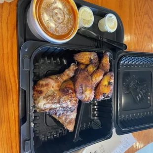 1/4 chicken dark meat with fried plantains, chickpeas, and mild sauce