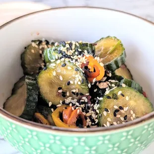 Surprisingly Asian tasting chili cucumbers, just heavy on the sesame seeds.