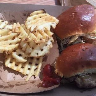 Regular cheeseburger slider, chicken slider and waffle fries!!!