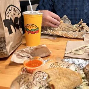 Fish tacos and their hot sauce!