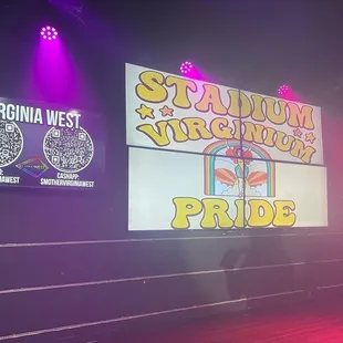 a stage with signs and lights