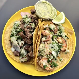 Suadero taco and shrimp taco