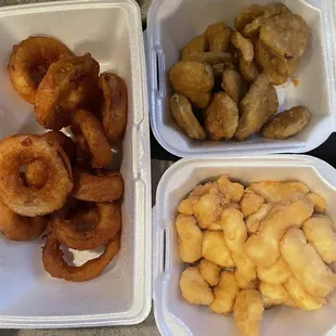 Onion rings, cheese curds &amp; fried pickles