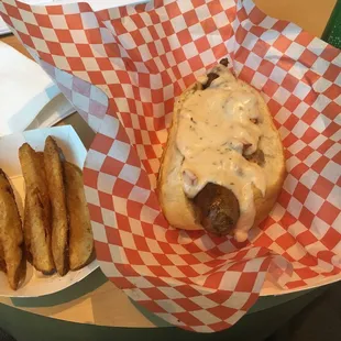 Alligator sausage topped with crawfish