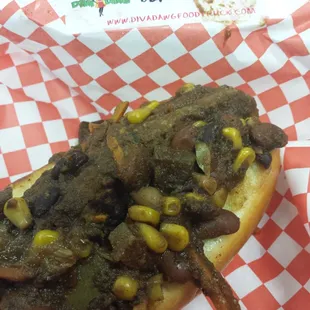 Veggie dog with veggie chili