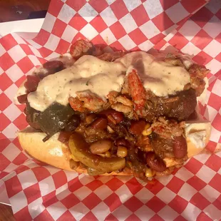 Veggie dog with creole veggie chili and crawfish étouffée (the latter was a special request addition). Yum!