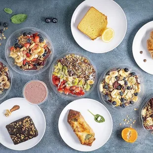 Acai bowls, croissants, brownie.