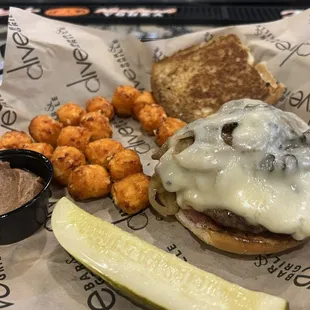 Mushroom Swiss burger with Sweet Potato Tots