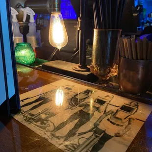 a bar counter with a light bulb