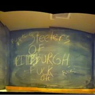 Chalkboard bathroom. Pardon the profanity, I didn&apos;t write it.