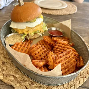 Cheeseburger w/ added egg and sweet potato waffles fries