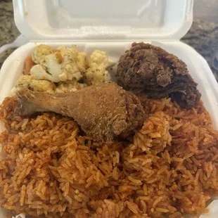 Jollof Rice, Divine Fried Chicken Leg and Thigh, Vegetable Medley