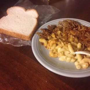 Porky Mac = Mac-n-cheese + BBQ pulled pork. You choose your BBQ sauce. Delicious. Only $3.75 for the small.