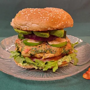 Seared garbanzo burger topped with organic Jalapeños, arugula, avocado, tomato &amp; red onion. Dressed with Jalapeño aioli and thousand island.