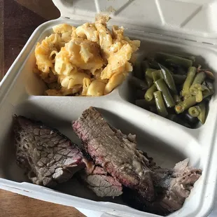 Smoked brisket. Mac n cheese and spicy green beans