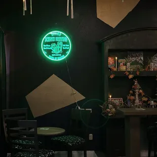 a neon sign in a dark room