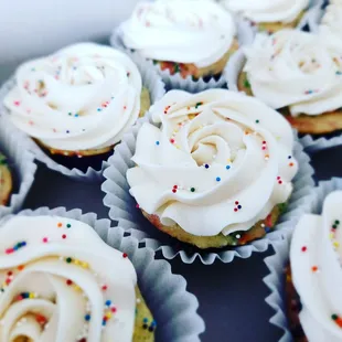 cupcakes with white frosting and sprinkles