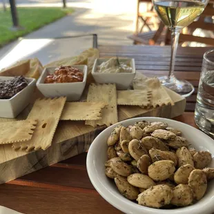 Spreads, Almonds, wine (Shiba Wichern Van Duzer Havlin Vineyard Auxerrois )