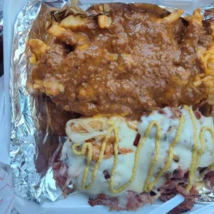 Pastrami dog with chili cheese fries