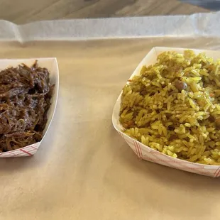 Pulled BBQ brisket and yellow rice