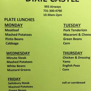the menu for dixie castle