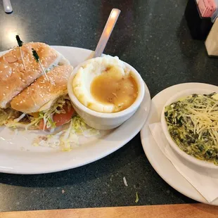 Cheeseburger, Mashed Potatoes &amp; Spinich au Gratin