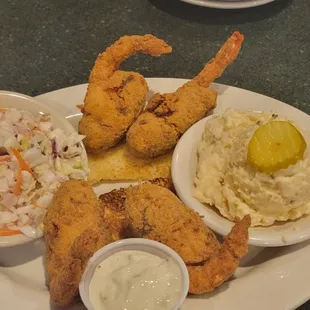 Stuffed Shrimp,Coleslaw,potato salad, and toast